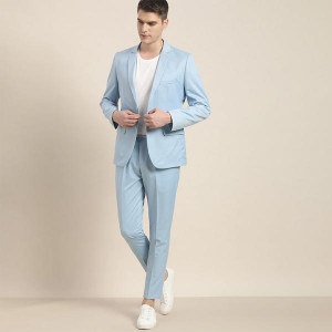 Men Blue Solid Slim Fit Single-Breasted Suit